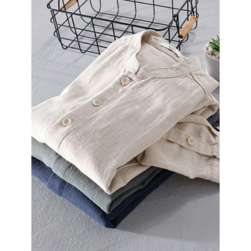 Spring and Autumn Japanese Style Vintage Long Sleeve Shirt Men Cotton and Linen Chinese Style Stand Collar Loose Casual Overshirt Chinese Style