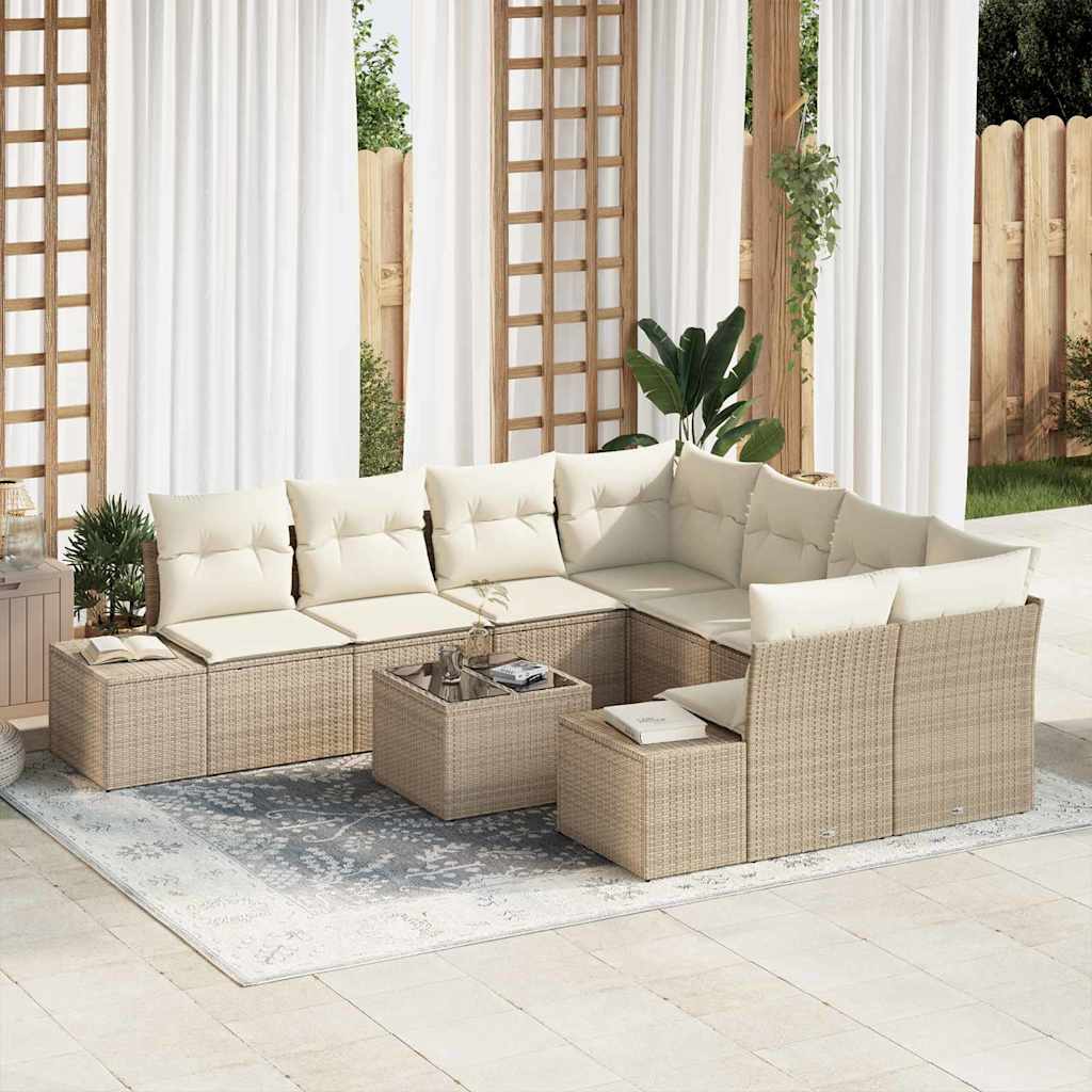 9 Piece Beige Poly Rattan Sofa Set with Cushions