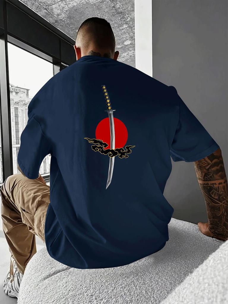 Unisexs Summer Crew Neck Short Sleeve T Shirt Back Print Japanese Katana Red Sun Cloud White Tee Streetwear LooseCasual Fashion Top