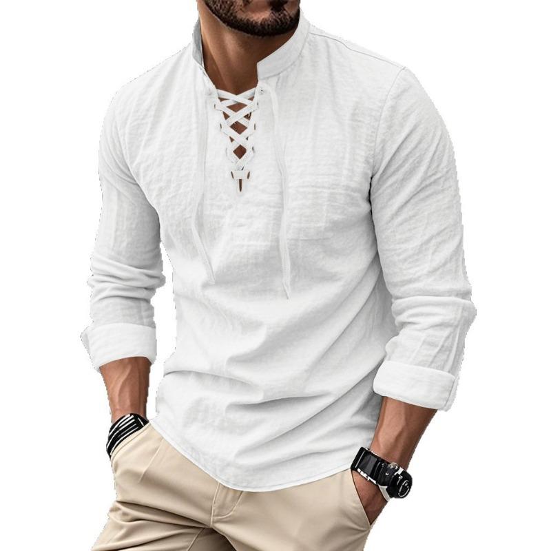 Mens Casual Stand Collar Lace Up Long Sleeve Linen Shirts S