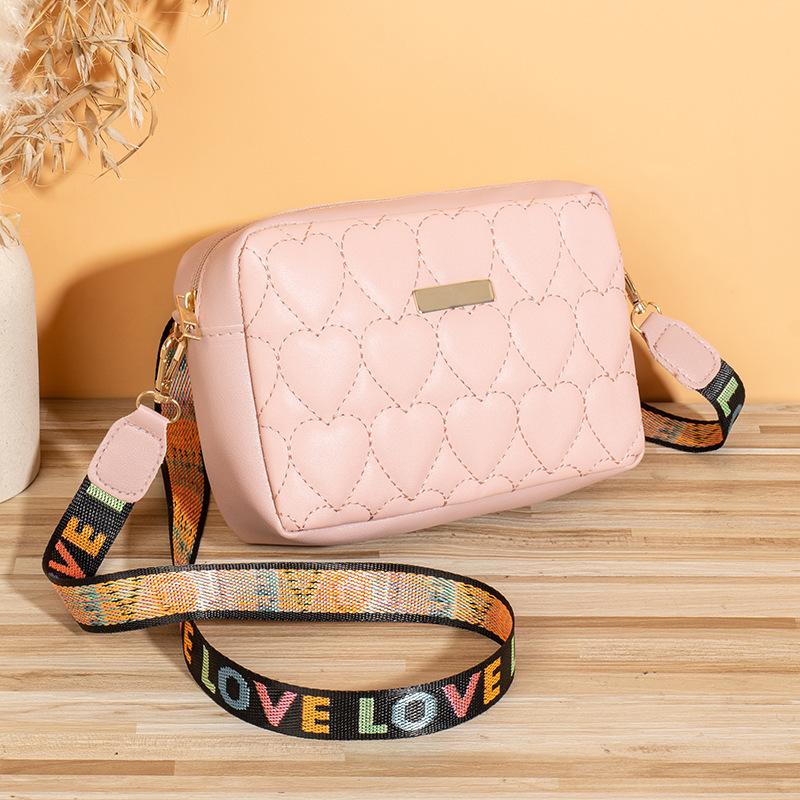 Neue Mode Herz Besticktes Diamantgitter Einzelne Schulter Kamera Tasche Mit Riemen Riemen Und Bunter Bestickter Schräg über die Schulter Rechteckige Tasche