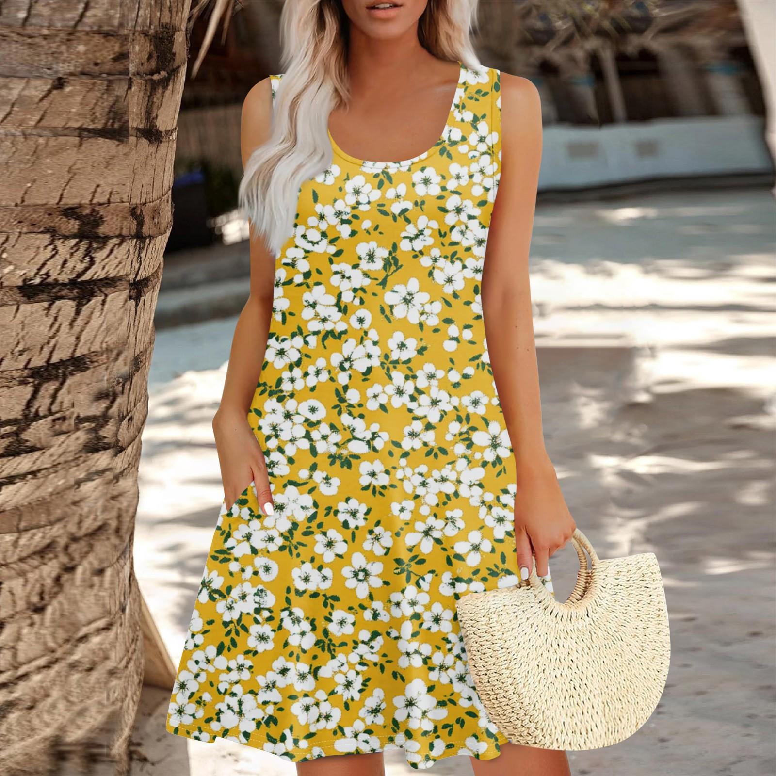 

Женское летнее платье с цветочным принтом, с высокой талией, в богемном стиле, повседневное гавайское платье, летящее, с V-образным вырезом, для отдыха XL жёлтый