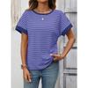 Damen Gestreiftes Waffelstrick T-Shirt Mit Kontrastbesatz Kurzarm Lässiges Rundhals-T-Shirt