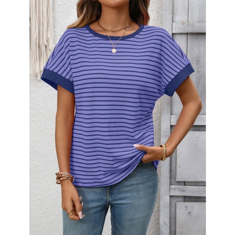 Damen Gestreiftes Waffelstrick T-Shirt Mit Kontrastbesatz Kurzarm Lässiges Rundhals-T-Shirt