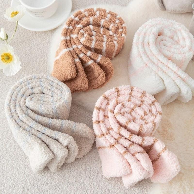 Women's Cute Coral Fleece Thigh High Socks Fuzzy Over The Knee Socks Striped Long Leg Warmers Winter Warm Slipper Socks