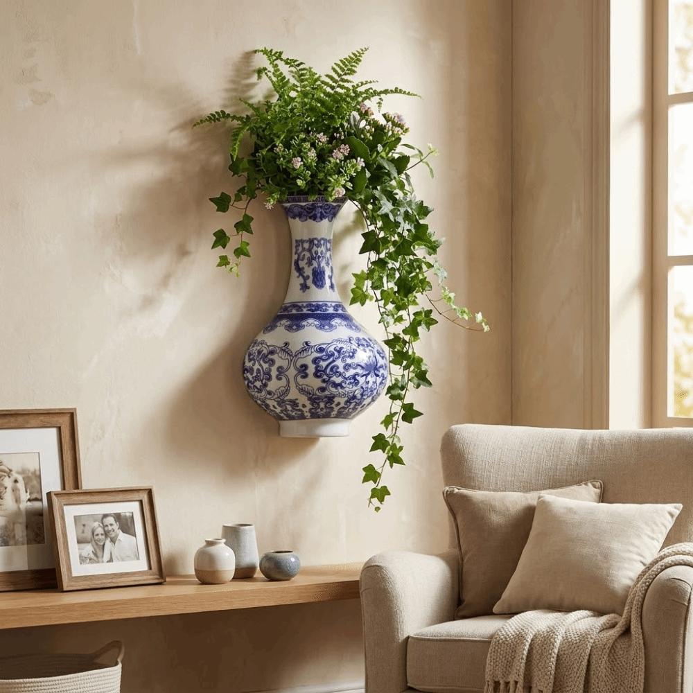 Antique Blue White Porcelain Wall Hanging Ceramic Vase Wall Hanging Vase Living Room Decor