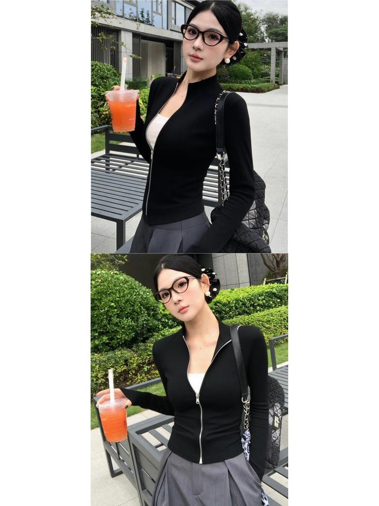 Retro Stand Collar Slim Fit Double Zipper Long Sleeve Women's Waist-Cinching T-Shirt