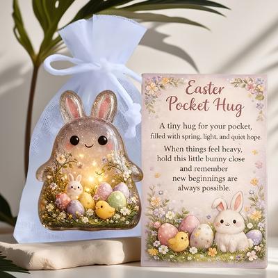 Easter Bunny Pocket Hug Statue Ornament 2D Flower Blossom Bunny Statue Comes with Encouragement Card for Easter Decor