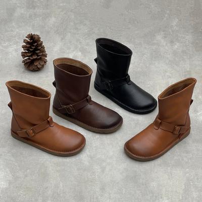 The New Women's Shoes Are Fashionable Round-toed, Short-top, Belt-buckle Skinny Boots and Soft Leather Boots