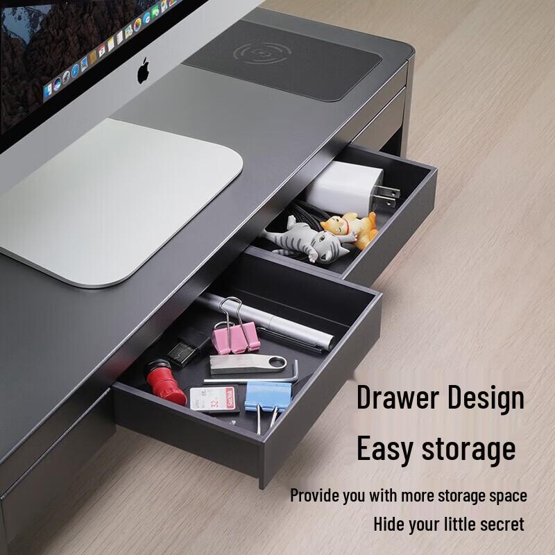 Adjustable Monitor Stand with Wireless Charger, USB 3.0 Hub & Drawer