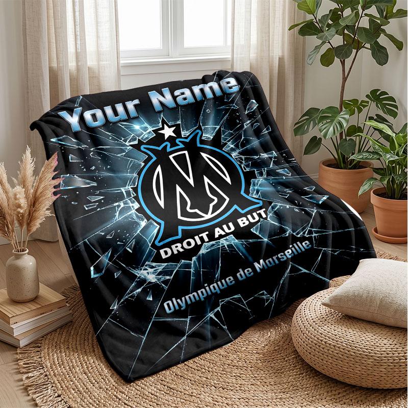 Olympique Marseille FC Custom Name Text Flannel Blanket Soccer Logo Personalized Fleece Throw Blanket Special Gift For Sofa Bedroom Home