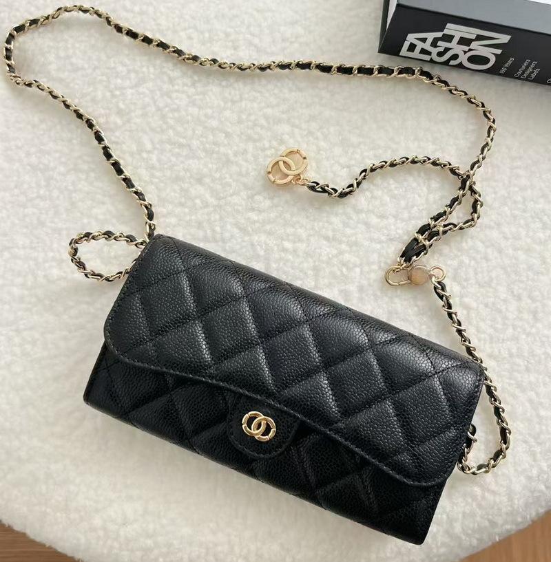 2026 New Caviar Patterned Cowhide Long Three Fold Wallet Hand-held Bag Chain Strap Crossbody Genuine Leather Women's