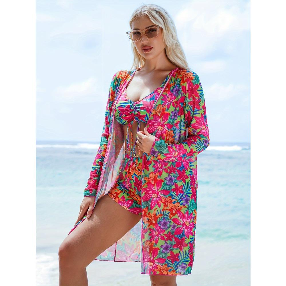 Bikini de Tres Piezas para Mujer con Pantalones Cortos tipo Boy Short, Bañador de Moda con Lazo y Cubre Traje de Playa