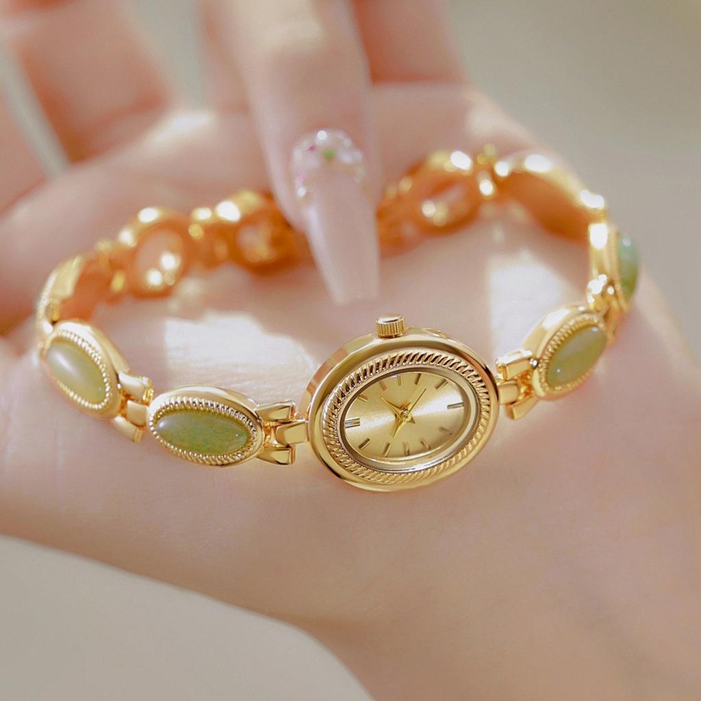 Oval Quartz Waterproof Wristwatch for Women Jade Bracelet Watch