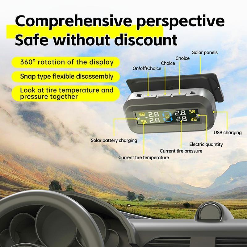 Universal Solar TPMS Tire Pressure Monitoring System IPX7 Waterproof External Sensors Dual USB/Solar Charging with LCD Display