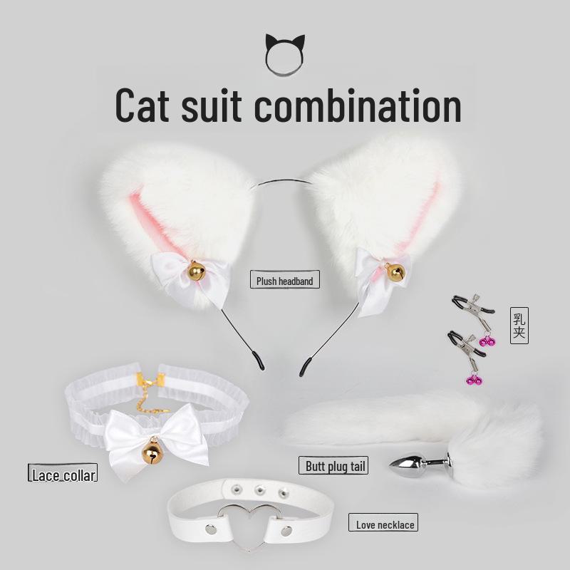 Bondage Katzenanzug mit Schwanz Analplug, Halsband & Knebel