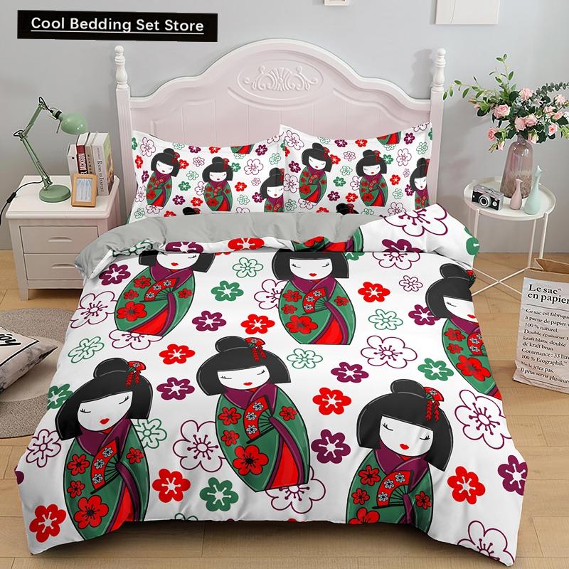 Bettbezug mit japanischer Puppe, bedruckt, King-Queen-Bett, Cartoon-Glückskatze, Bettwäscheset für Kinder und Mädchen, Fan, weiß, 2/3-teilig, Polyester-Bettbezug