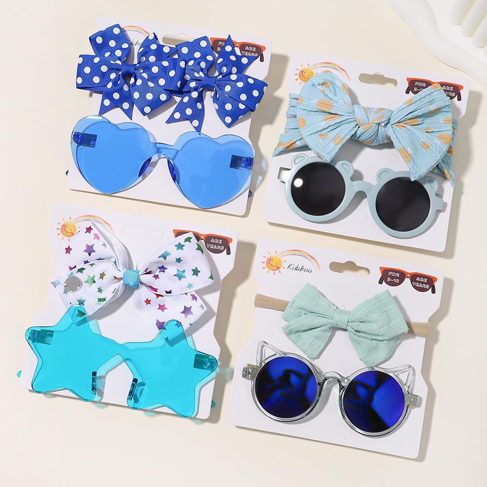 4set Baby Bows Headband Cartoon Sunglasses Girls Beach Pography Props Toddler Headwear Kids Hair Accessories New Year Gift