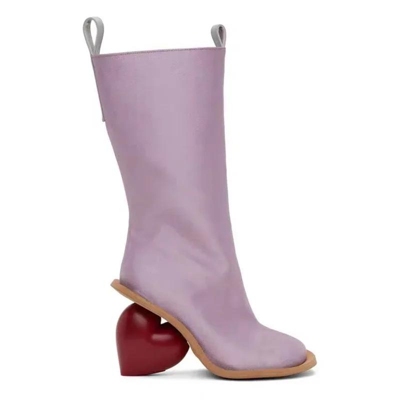 Fashion New Retro Sexy Round Toe Peach Heart Heel Side Zipper Knee High Boots European American Fashion Show Color Blocked Women's Boots