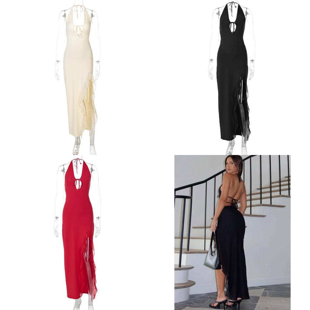 Vestito Sexy Scollo a V Schiena Scoperta per Donna con Bordi Arricciati e Vita Alta per la Primavera