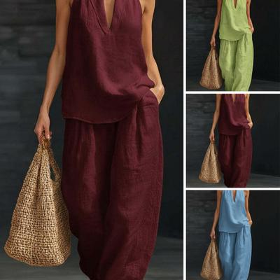 Women Halter Sleeveless 2 Piece Outfit V-Neck Top High Waist Casual Loose Pants Summer Loungewear Sets for Casual Party Office Daily Wear