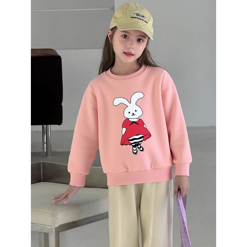 Brand Foreign Trade Korean Style Children's Clothing 2026 Autumn and Winter Children's Sports Sweatshirt with Fleece Cartoon Rabbit Design for Girls