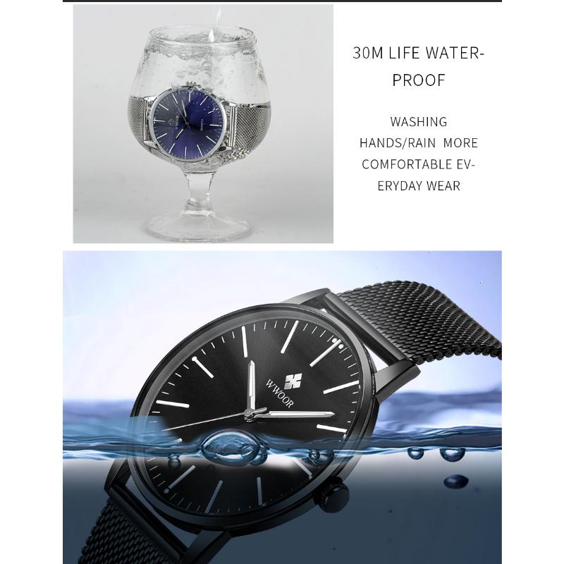 WWOOR Gold Watches Ultra Thin Simple Men Quartz Watches Waterproof Mesh Belt Full Stainless Steel Wristwatch