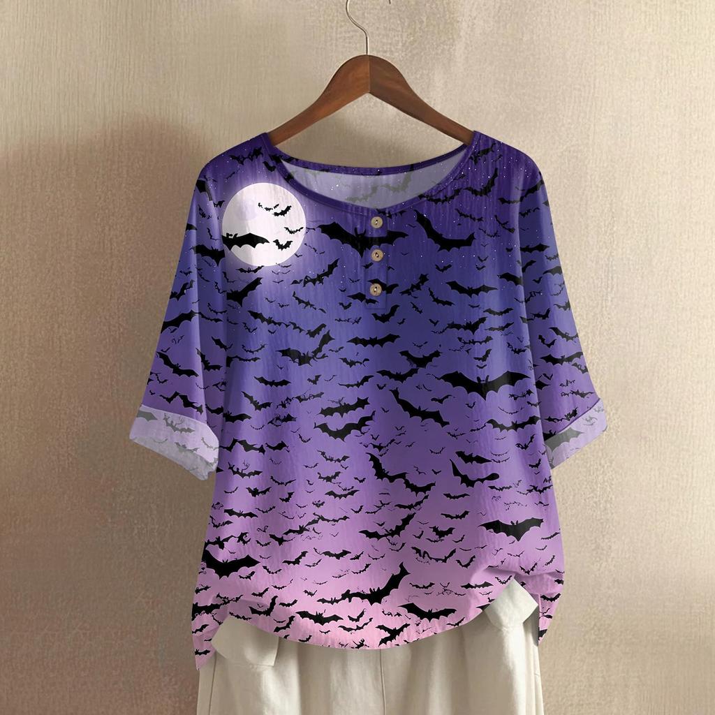Damen Modisches Und Lässiges Shirt Halbarm Rundhals Print Baumwolle Und Leinen Bluse Top