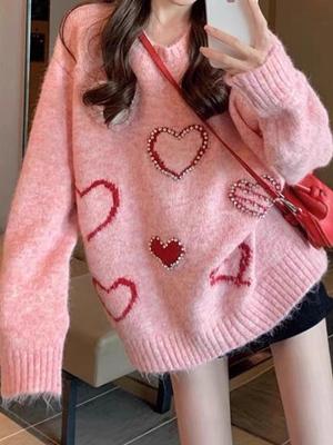 2025 Autumn/Winter Rhinestone Heart Pullover - Korean Style Loose Casual Sweater
