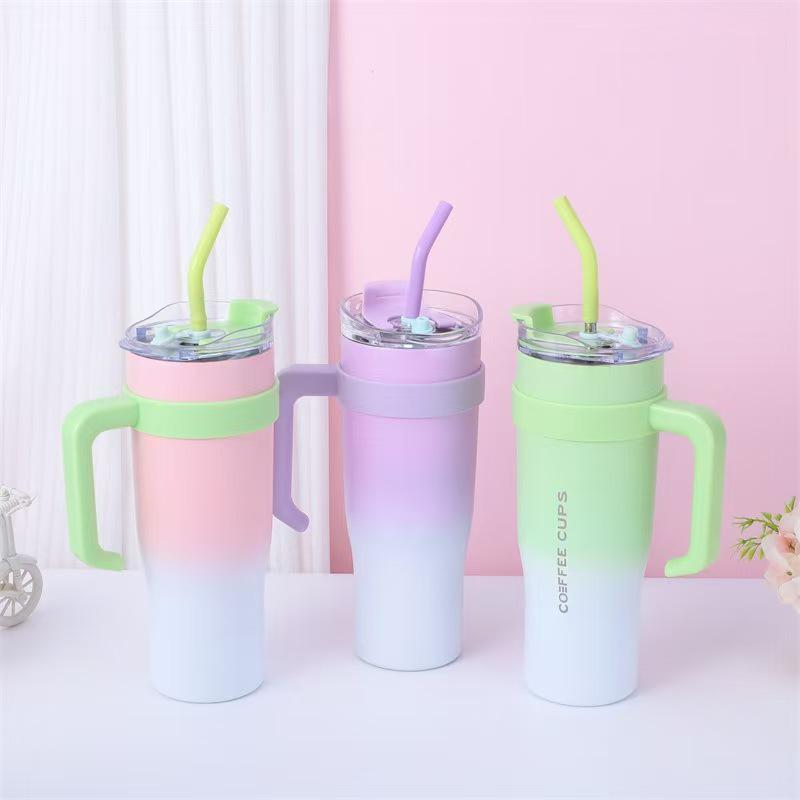 40oz Gradient Handle Insulated Cup with Jumbo Straw - High Aesthetic Car Ice Cooler for Women