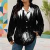 Women Plus Size Collared Neck Long Sleeve Black White Geometric Printed Button Front Curved Hem Shirt