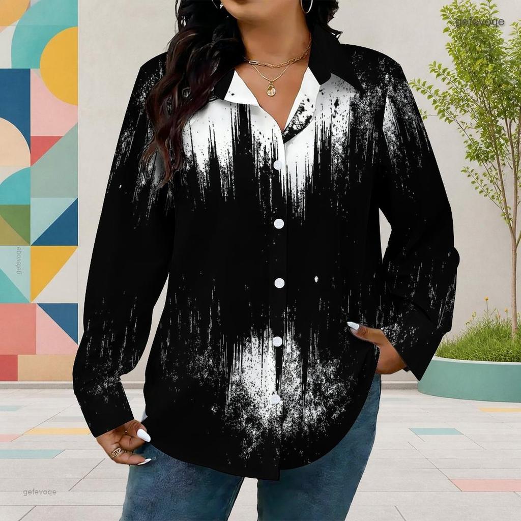 Women Plus Size Collared Neck Long Sleeve Black White Geometric Printed Button Front Curved Hem Shirt