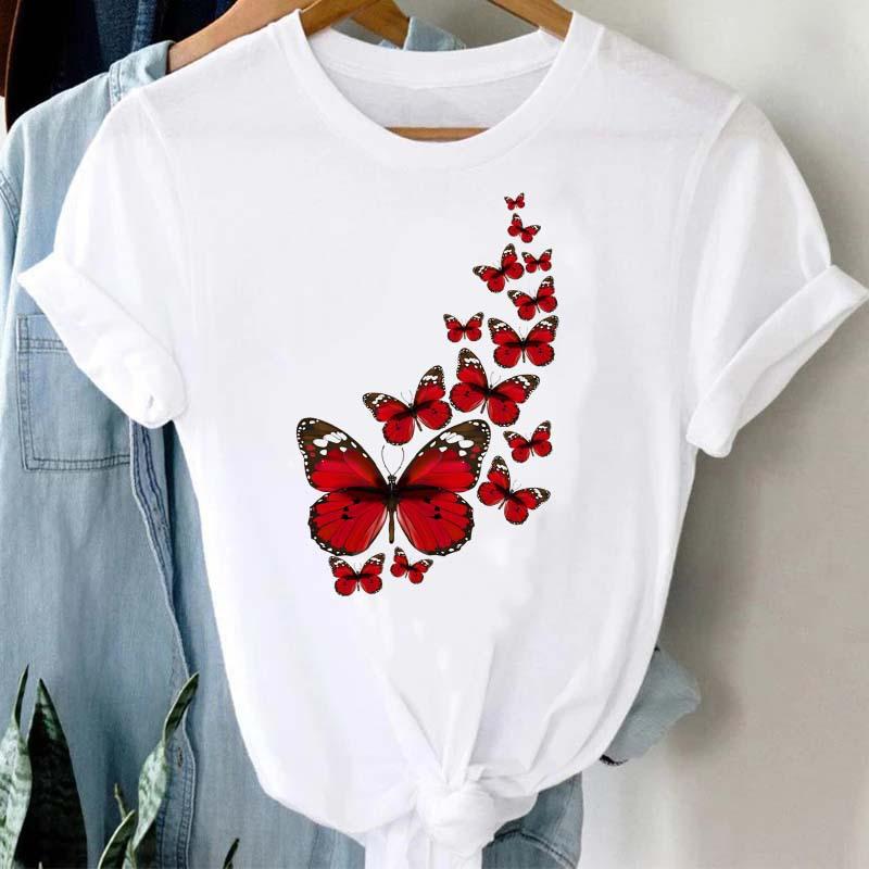 Summer Burst Cute Cartoon Butterfly Trend Letter Print Top T-shirt Woman Tops  Oversized T Shirt  Aesthetic Clothes