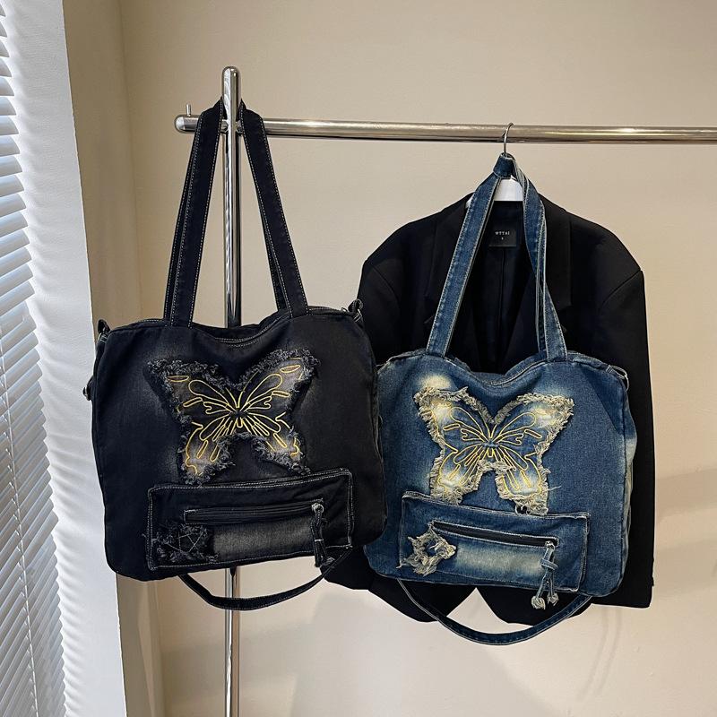 New fashionable large-capacity contrasting color washed denim versatile casual ins wind shoulder portable student commuting bag
