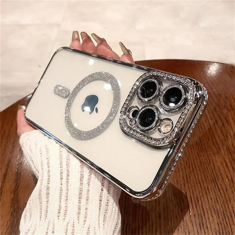 

Роскошный женский чехол с блестками и бриллиантами для iPhone 15 14 12 11 13 Pro Max Plus для Magsafe, магнитный чехол для беспроводной зарядки, аксессуары iPhone 15 Pro серебряный