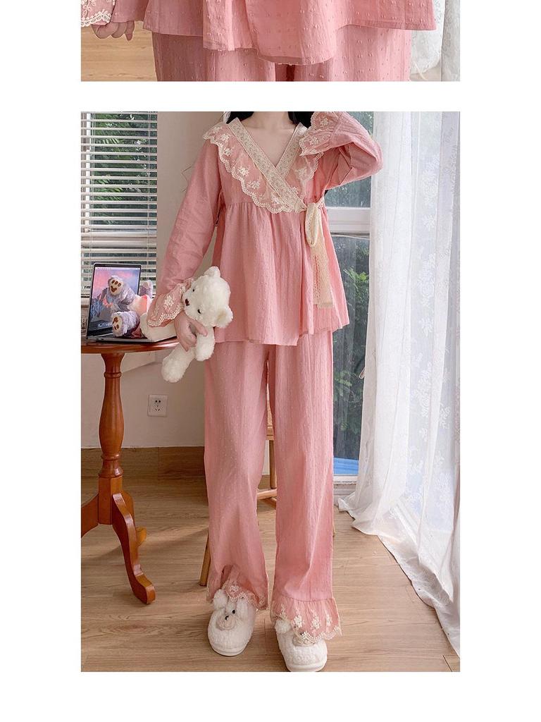 Women's Autumn Princess Style Long Sleeve Pajama Set - Sweet Retro Kimono Design