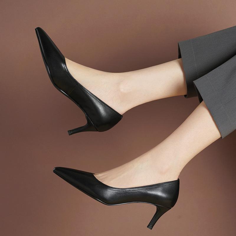 Spring new pointed head shallow mouth thin heel leather shoes tire cowhide white collar work high heels versatile women's shoes