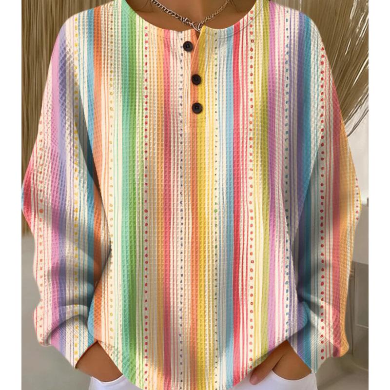 Women s Blue and Orange Plaid Waffle Knit Long-Sleeve Pullover with Three-Button Collar XX-Large