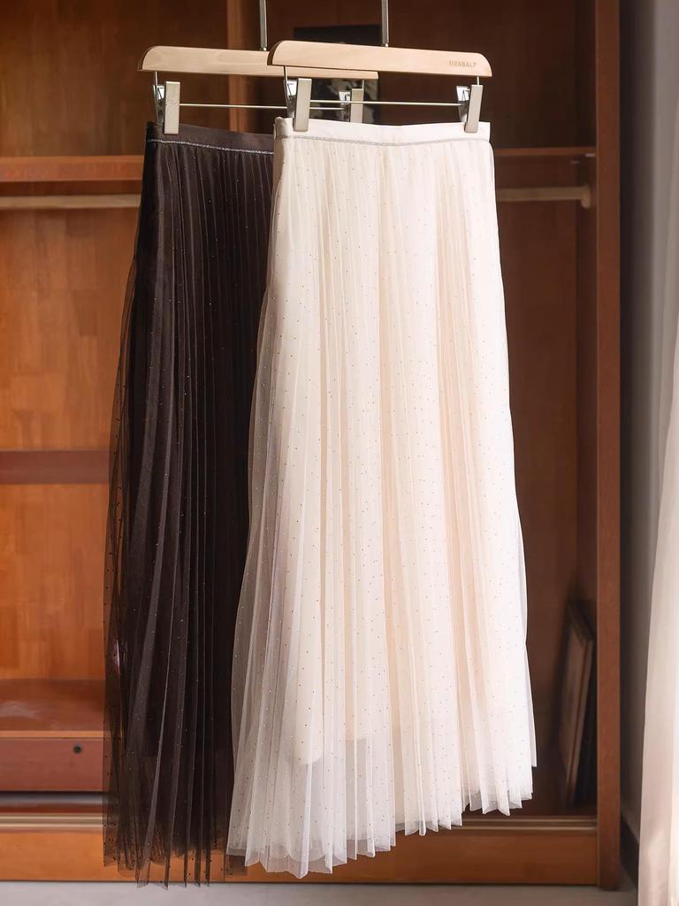 High-Quality Rhinestone Beaded Chain Mesh A-Line Pleated Skirt for Women