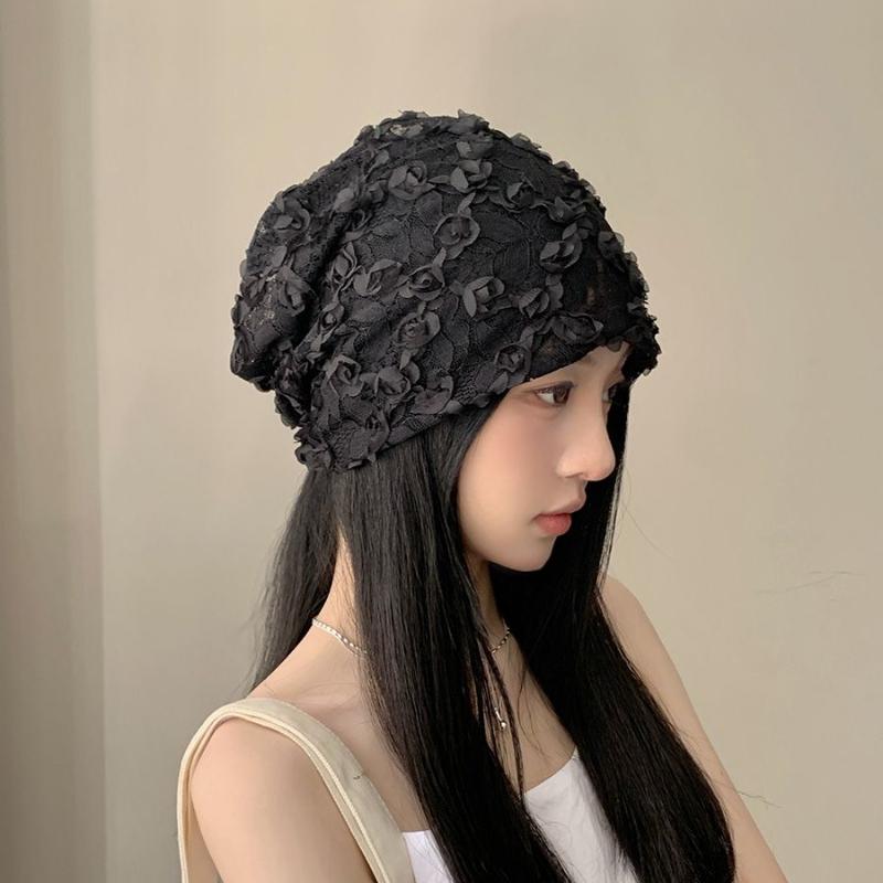 Women's Korean Minimalist Design 3D Flower Lace White Slouchy Hat Summer Hollow Breathable Thin Head-Wrapping Hat