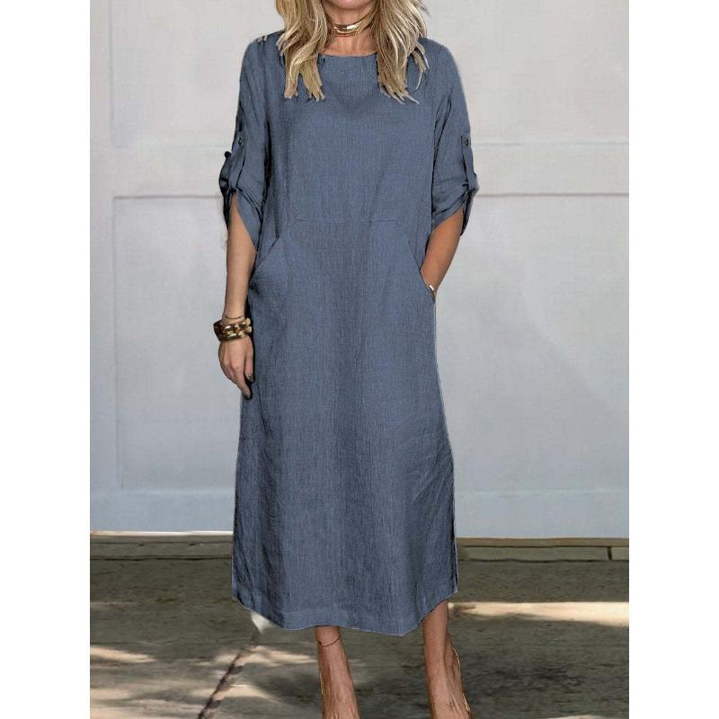 Casual Fashion O Neck Short Sleeve Women Dress Elegant Solid Color Loose Simple A-line Party Dresses Female Plus Size Pockets Spring Summer Clothing