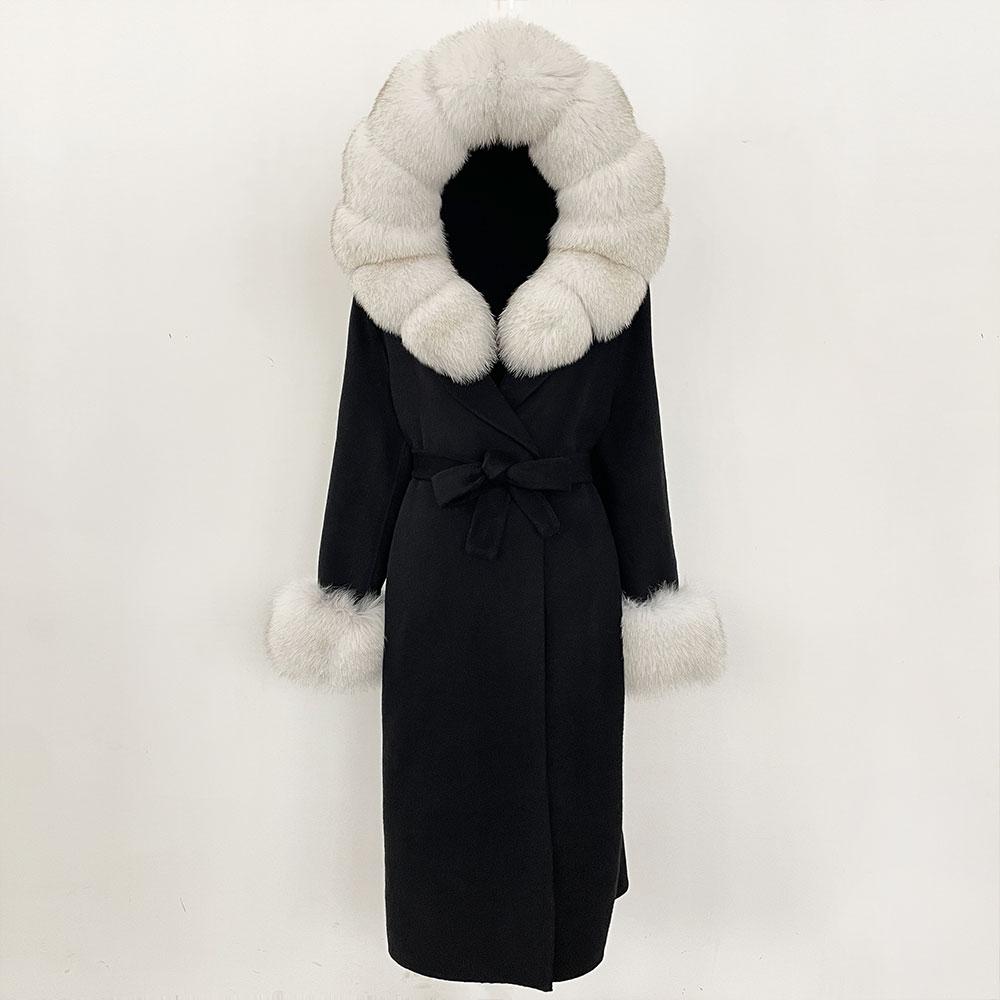 OFTBUY Winter Women Coat Real Natural Fox Fur Hooded Detachable Collar Double-faced Woolen Jacket Long Casual Elegant Overwears