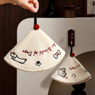 Hand Towel with Hangable Lanyard Coral Velvet Quick Drying Water Absorption Soft Skin-Friendly Cute Cat Dog Embroidery Durable Kitchen Bathroom Use