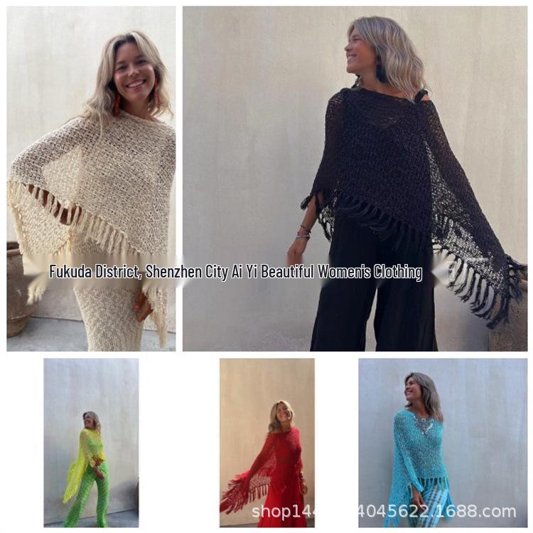 2025 Spring/Summer Batwing Sleeve Tassel Knit Sweater Cape for Women