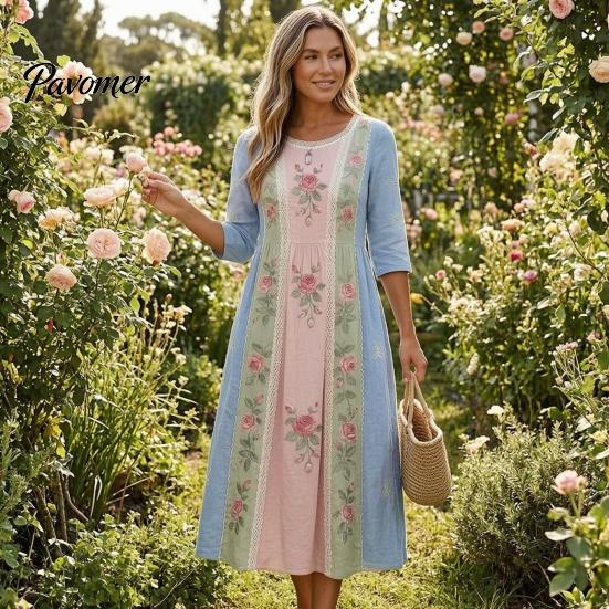 Fashionable Vacation Dresses for Ladies Long Sleeve Floral Dress, Women Cottagecore Waist Cinching Casual Autumn with Sleeves Midi Dress Street Party