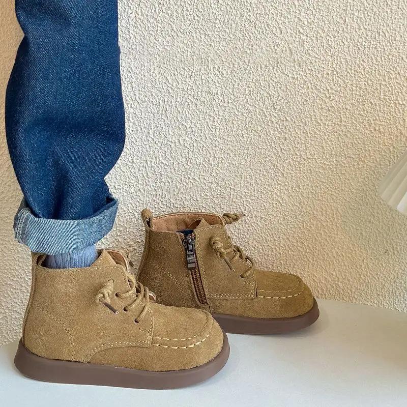 Kids Ankle Boots Retro British Style Children Short Boots Side Zip Autumn Boys Girls Leather Boots Versatile Soft Sole