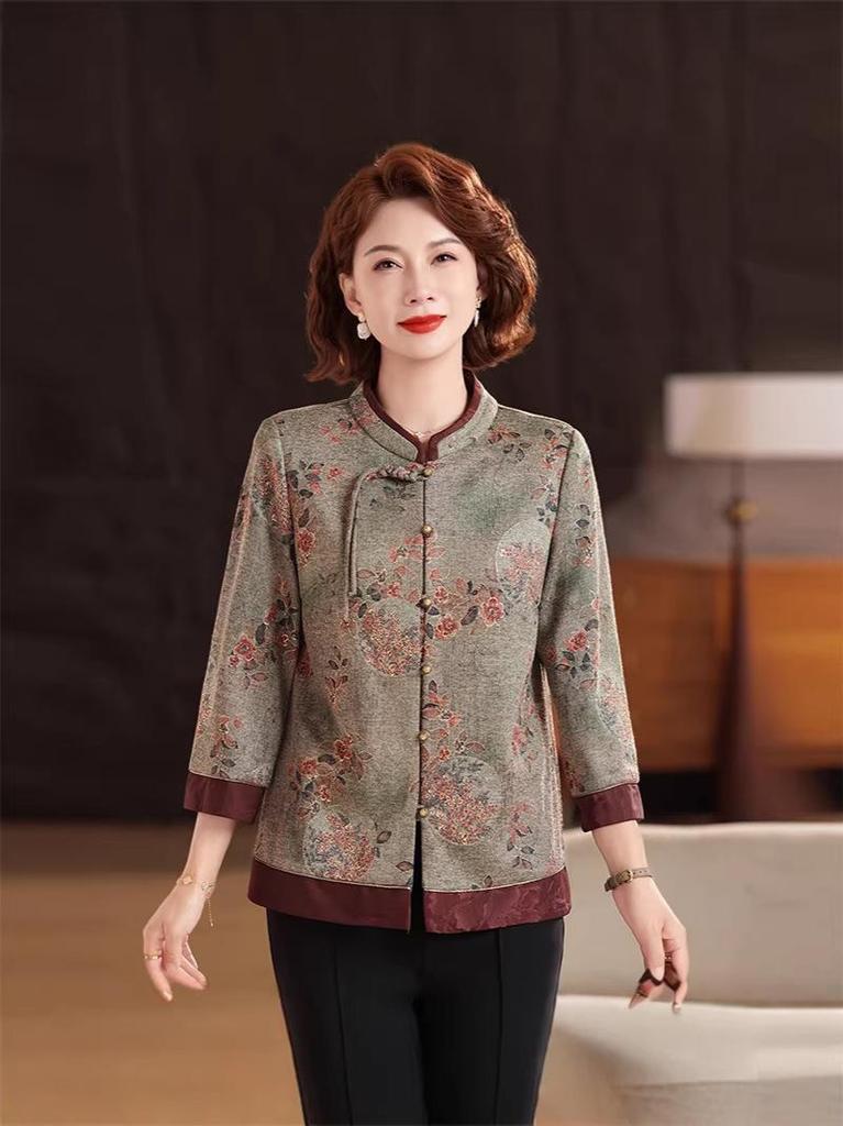2026 Spring & Autumn Tang Suit Stand Collar Shirt for Middle-Aged & Elderly Women - Plus Size Chinese Style Mother's Wear