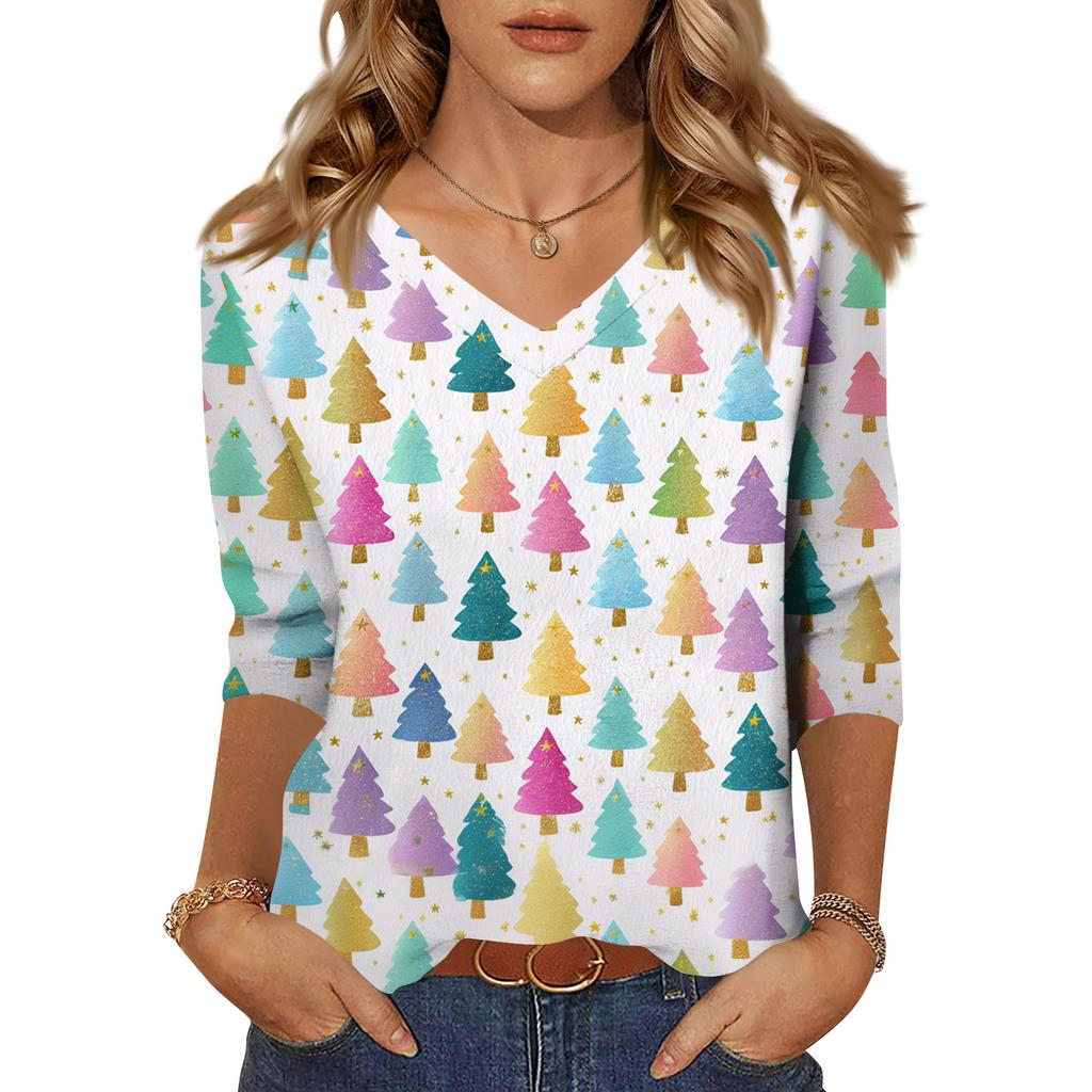 Women's Tops Three-quarter Sleeve Shirt V-neck Loose Casual Shirt Print T-shirt