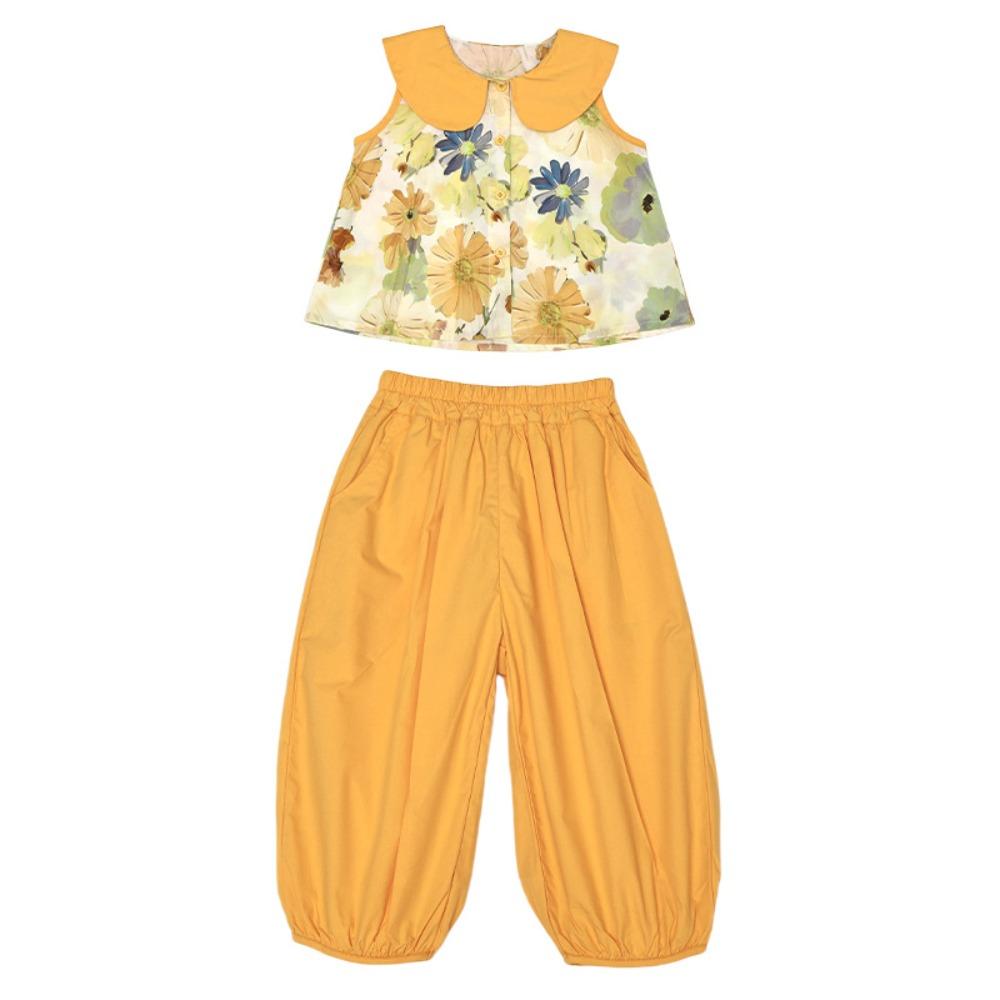 

Wide Leg Pants Girls Floral Suit T-Shirt Top+Pants Suit Fashionable Children Clothes Set Toddler 90cm жёлтый