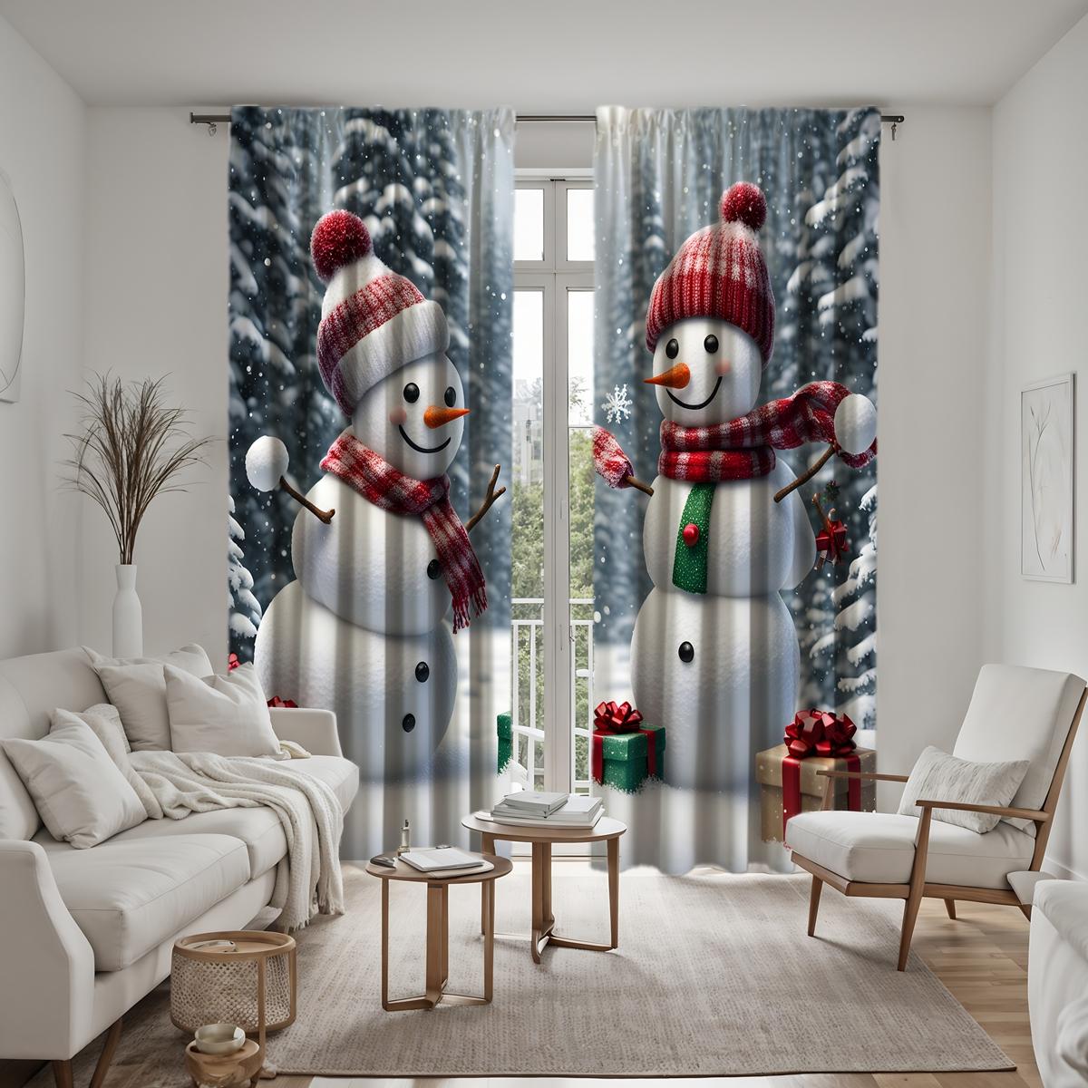 

2 шт. HD Рождественская белая декоративная занавеска со снеговиком Белая занавеска с цифровой печатью Украшение дома в стиле украшения гостиной W52H63inchW132H160cm